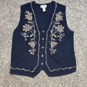 Vintage Womens Koret Navy Blue Knitted Sweater Vest Size S‎ Flowers Ribbon